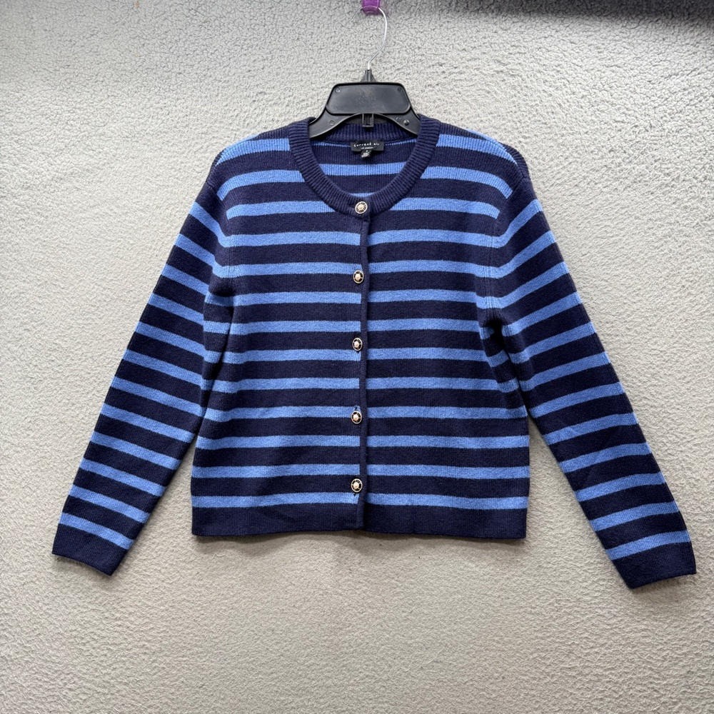 Current Air Blue Striped Long Sleeve Crew Neck Button Cardigan Sweataer Womens S
